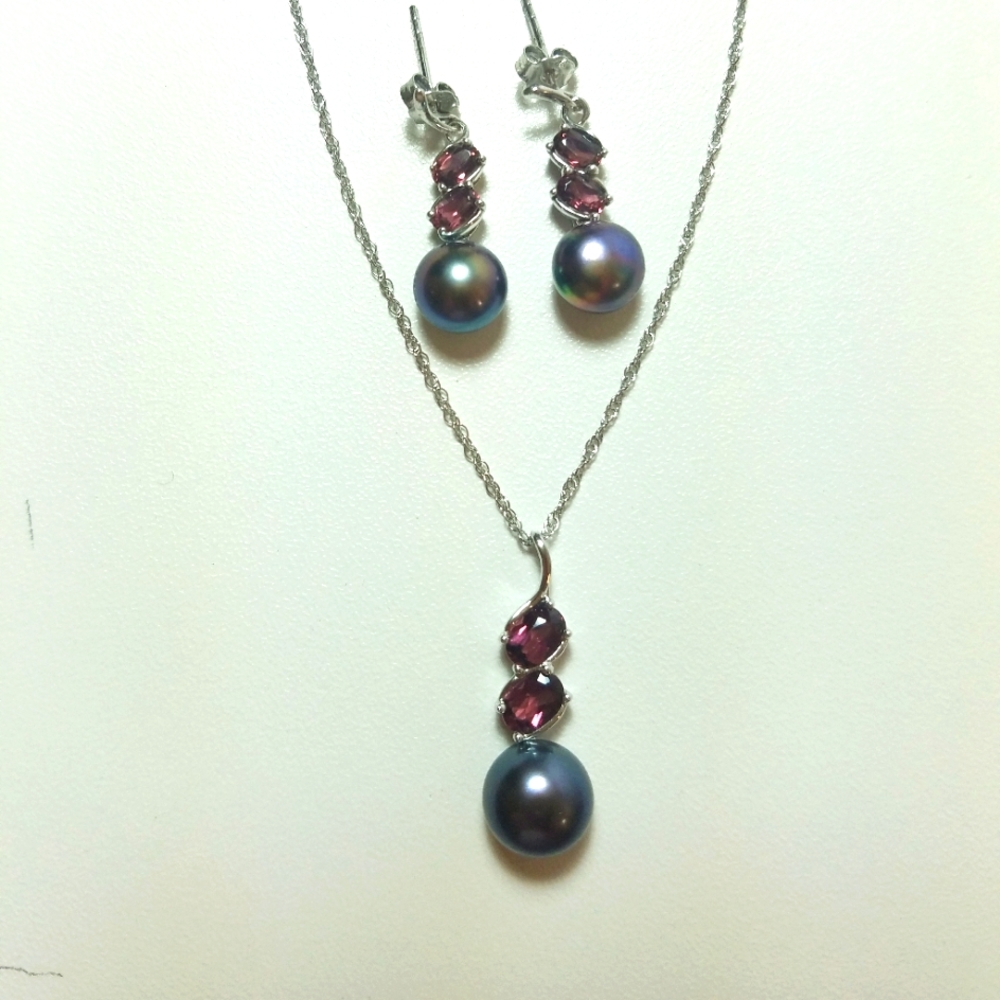 Sterling Silver and Garnet Pendant and Earring Set